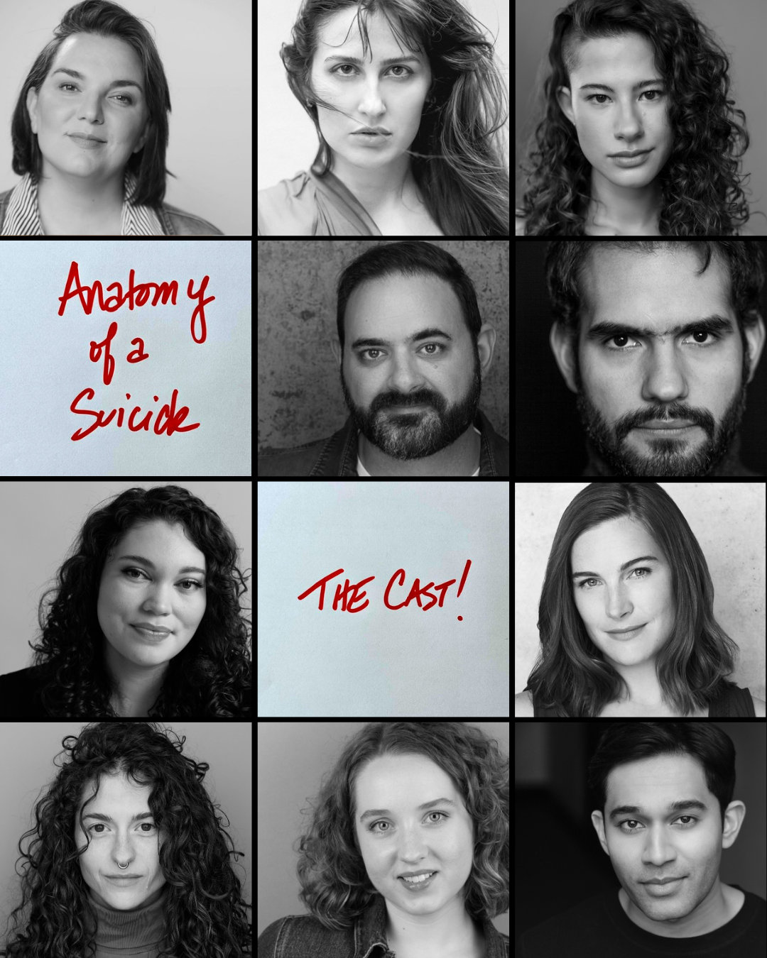 Ten actor headshots arranged in a 3x4 grid with one blank space reading Anatomy of a Suicide and the other reading THE CAST! in red sharpie