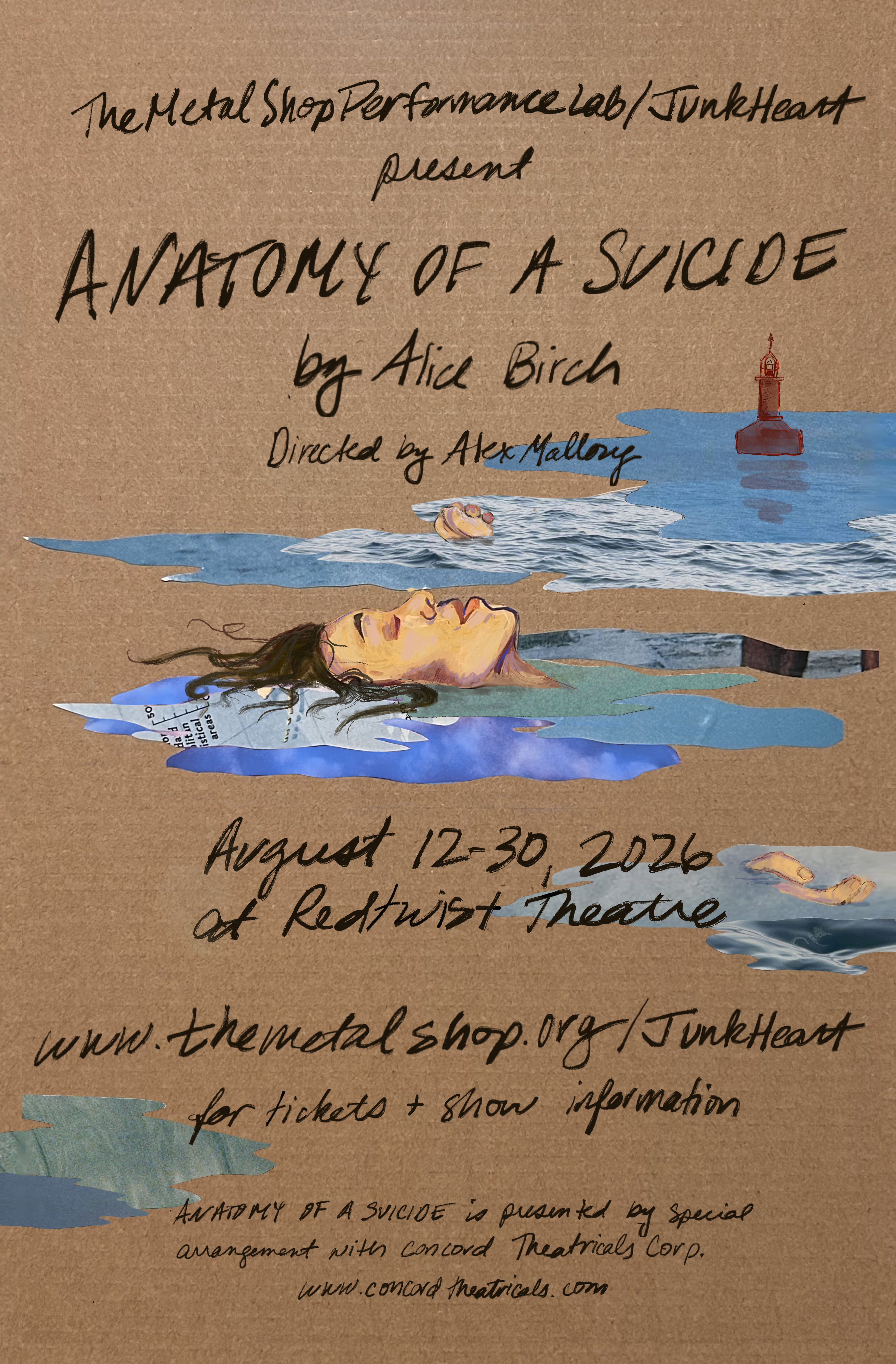 Show poster featuring collaged water on cardboard with a handpainted woman's face with dark hair floating on the water and hands out to her sides. A red bouy floats in the distance.